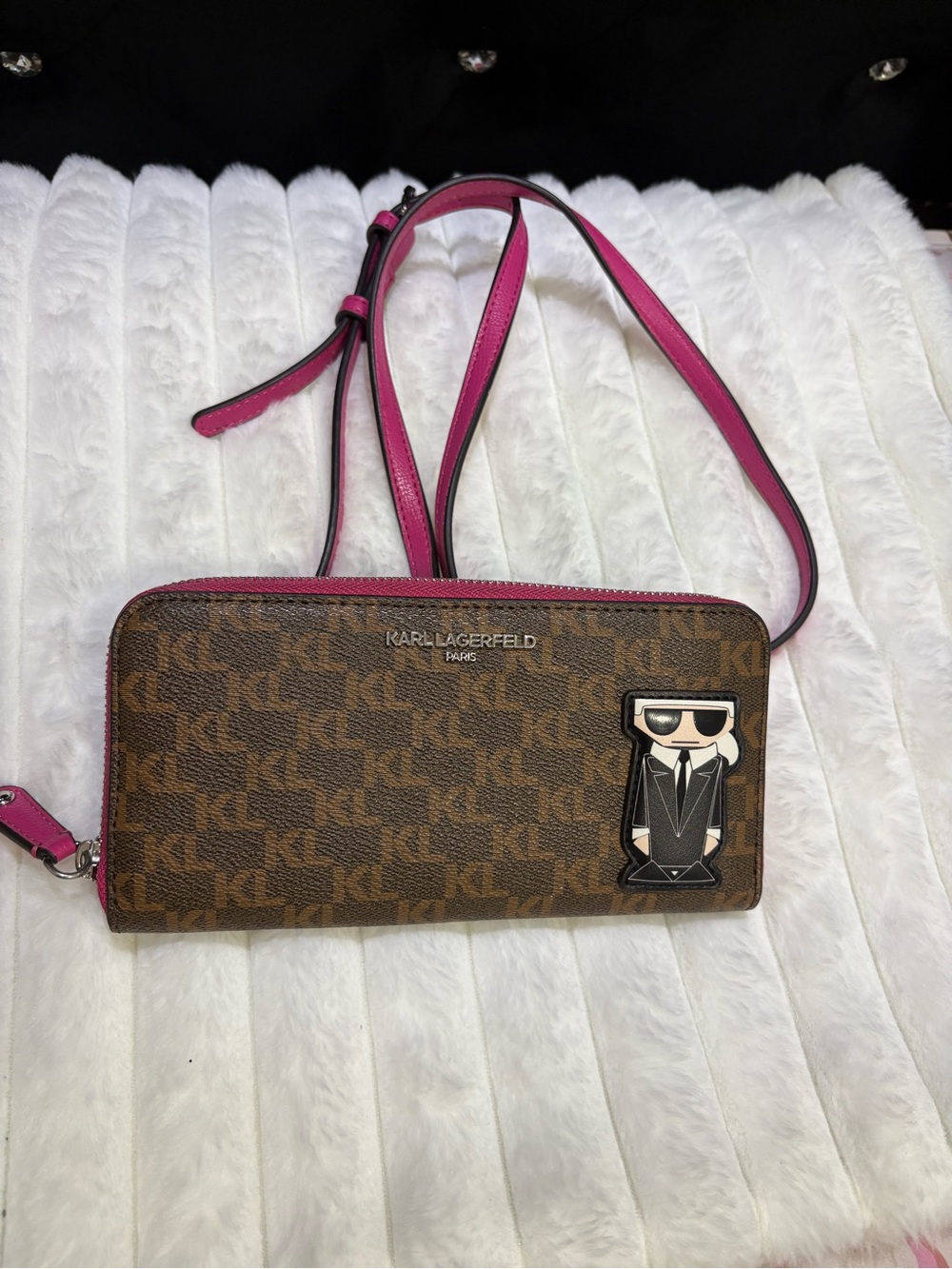 Karl Lagerfeld Brown Monogram Crossbody Wallet with Pink Trim and Strap